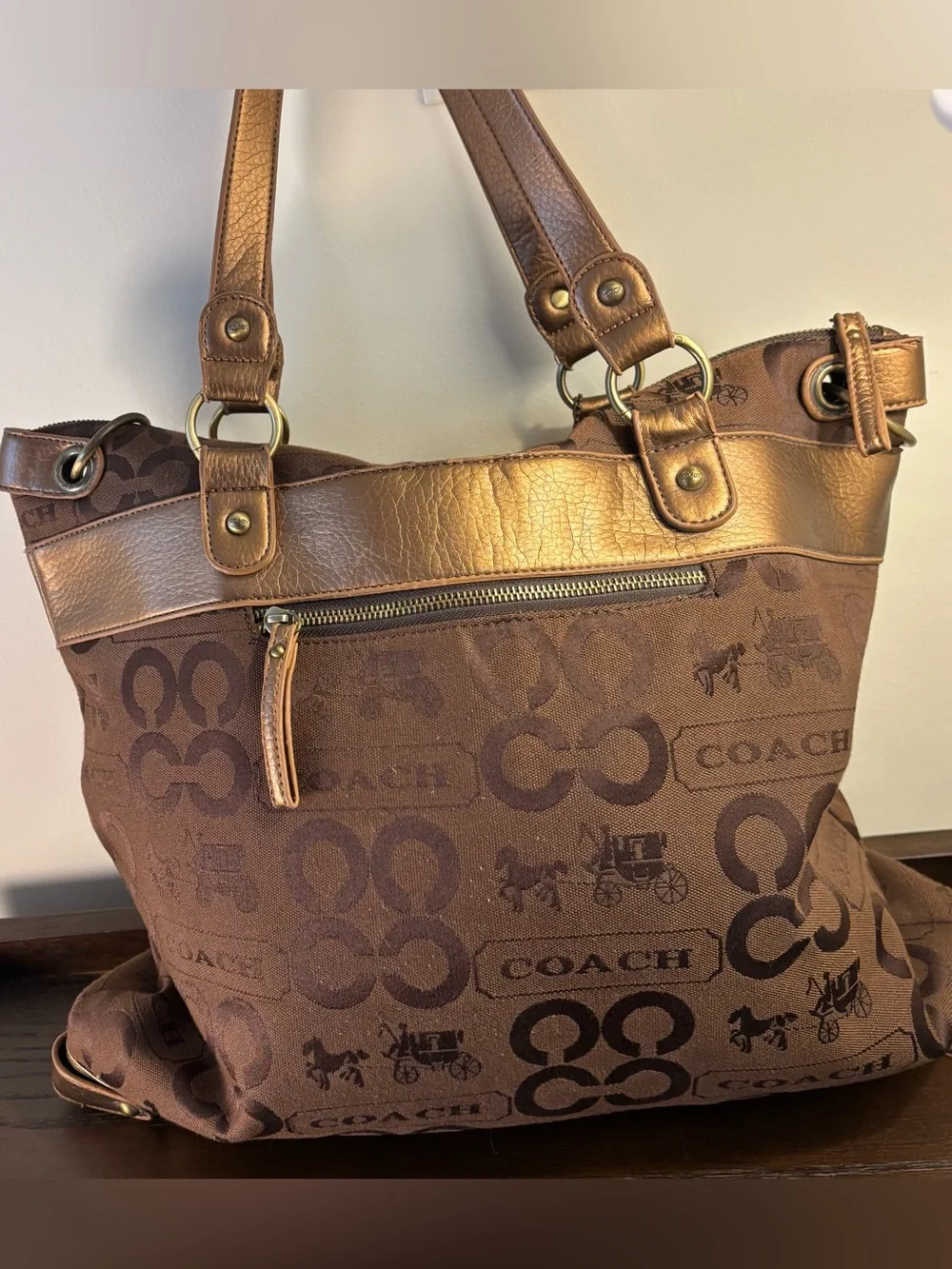 Coach Brown Signature Logo Tote with Metallic Bronze Trim